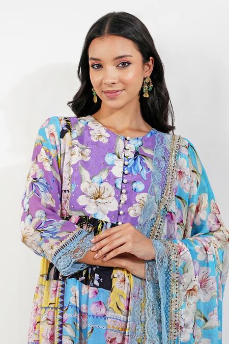 Shop_Devyani Mehrotra_Multi Color Viscose Chiffon Printed Floral Patchwork Shabby Anarkali Set