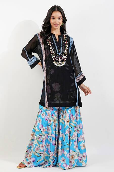 Buy_Devyani Mehrotra_Black Chanderi, Viscose Lace, Embroidery Shabby Panelled Kurta Gharara Set_Online_at_Aza_Fashions