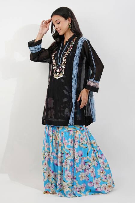 Shop_Devyani Mehrotra_Black Chanderi, Viscose Lace, Embroidery Shabby Panelled Kurta Gharara Set_Online_at_Aza_Fashions