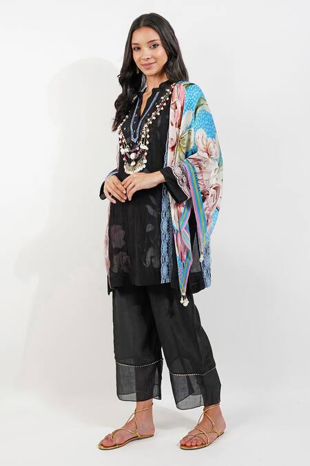 Devyani Mehrotra Black Chanderi 40 Gms Embroidery Ecelectic Mandarin Shabby Chic Panelled Kurta Online at Aza Fashions Devyani Mehrotra_Black Chanderi 40 Gms Embroidery Ecelectic Mandarin Shabby Chic Panelled Kurta_Online_at_Aza_Fashions