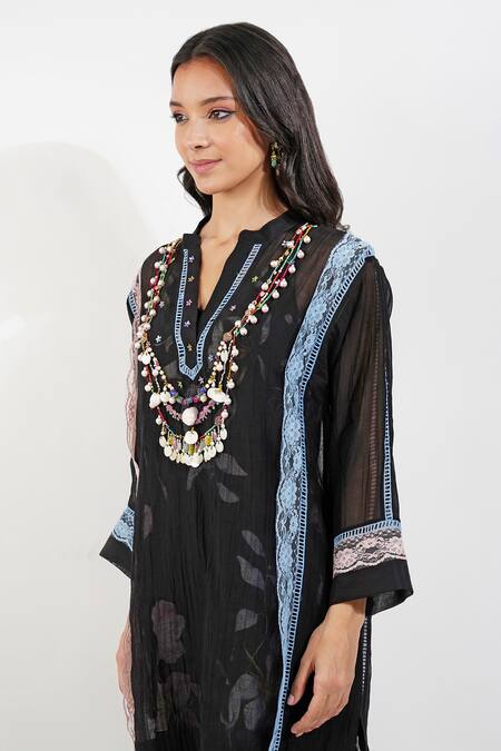 Shop Devyani Mehrotra Black Chanderi 40 Gms Embroidery Ecelectic Mandarin Shabby Chic Panelled Kurta Online at Aza Fashions Shop_Devyani Mehrotra_Black Chanderi 40 Gms Embroidery Ecelectic Mandarin Shabby Chic Panelled Kurta_Online_at_Aza_Fashions