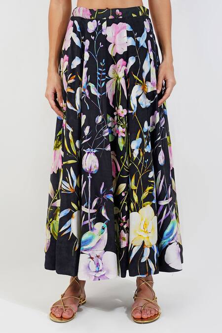 Devyani Mehrotra_Black Chanderi Embroidery Ecelectic Halter Neck Top And Floral Print Skirt Set_Online_at_Aza_Fashions