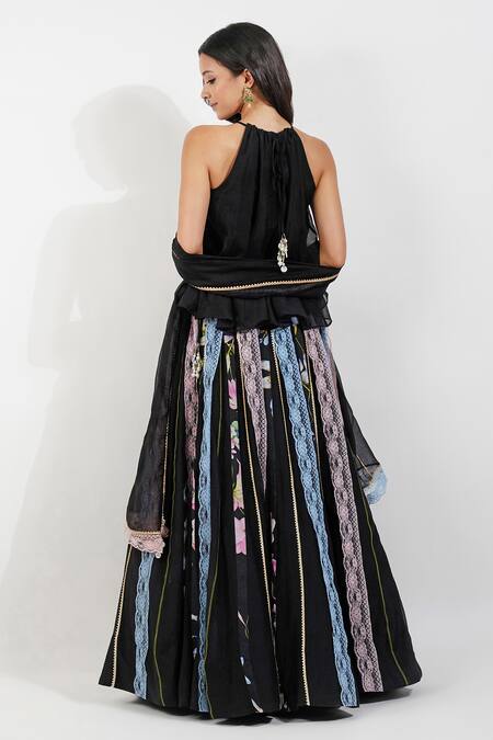 Shop Devyani Mehrotra Black Chanderi Lace, Beads Halter Neck Summer Floral Stripe Print Lehenga Set at Aza Fashions Shop_Devyani Mehrotra_Black Chanderi Lace, Beads Halter Neck Summer Floral Stripe Print Lehenga Set_at_Aza_Fashions