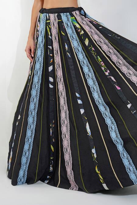 Buy Devyani Mehrotra Black Chanderi Lace, Beads Halter Neck Summer Floral Stripe Print Lehenga Set Online at Aza Fashions Buy_Devyani Mehrotra_Black Chanderi Lace, Beads Halter Neck Summer Floral Stripe Print Lehenga Set_Online_at_Aza_Fashions