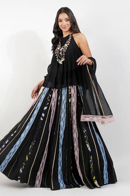 Shop Devyani Mehrotra Black Chanderi Lace, Beads Halter Neck Summer Floral Stripe Print Lehenga Set Online at Aza Fashions Shop_Devyani Mehrotra_Black Chanderi Lace, Beads Halter Neck Summer Floral Stripe Print Lehenga Set_Online_at_Aza_Fashions