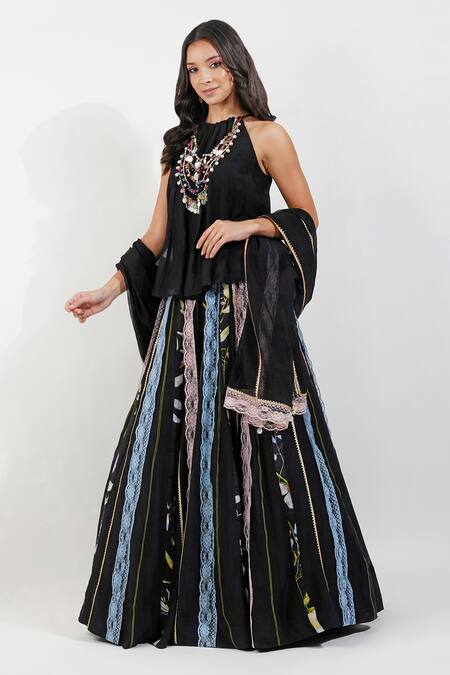 Devyani Mehrotra Black Chanderi Lace, Beads Halter Neck Summer Floral Stripe Print Lehenga Set at Aza Fashions Devyani Mehrotra_Black Chanderi Lace, Beads Halter Neck Summer Floral Stripe Print Lehenga Set_at_Aza_Fashions