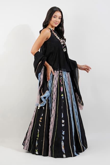 Buy Devyani Mehrotra Black Chanderi Lace, Beads Halter Neck Summer Floral Stripe Print Lehenga Set Buy_Devyani Mehrotra_Black Chanderi Lace, Beads Halter Neck Summer Floral Stripe Print Lehenga Set