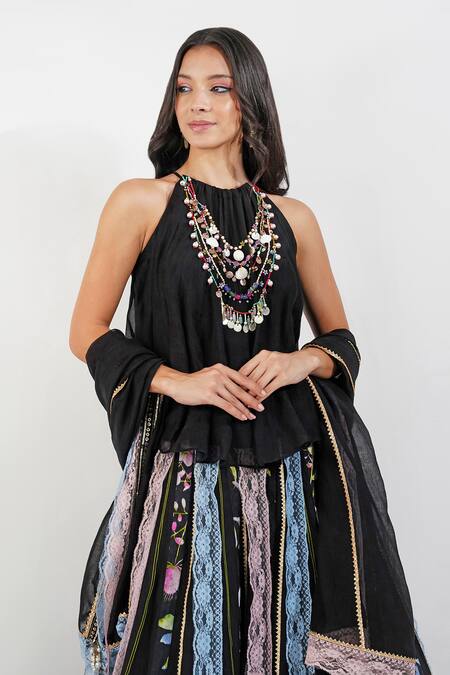 Shop Devyani Mehrotra Black Chanderi Lace, Beads Halter Neck Summer Floral Stripe Print Lehenga Set Shop_Devyani Mehrotra_Black Chanderi Lace, Beads Halter Neck Summer Floral Stripe Print Lehenga Set