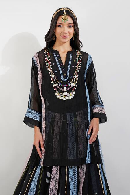 Buy_Devyani Mehrotra_Black Cotton, Lace Shabby Panelled Embellished Lehenga Set_Online_at_Aza_Fashions