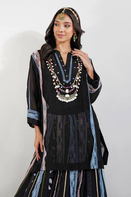 Shop_Devyani Mehrotra_Black Cotton, Lace Shabby Panelled Embellished Lehenga Set_Online_at_Aza_Fashions