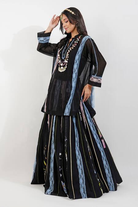 Devyani Mehrotra_Black Cotton, Lace Shabby Panelled Embellished Lehenga Set_at_Aza_Fashions