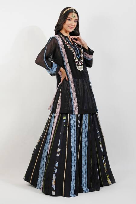 Buy_Devyani Mehrotra_Black Cotton, Lace Shabby Panelled Embellished Lehenga Set