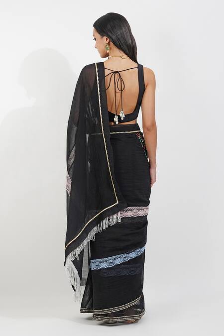 Shop Devyani Mehrotra Black Chanderi Zari, Zardozi Embroidered Saree With Unstitched Blouse Piece at Aza Fashions Shop_Devyani Mehrotra_Black Chanderi Zari, Zardozi Embroidered Saree With Unstitched Blouse Piece_at_Aza_Fashions
