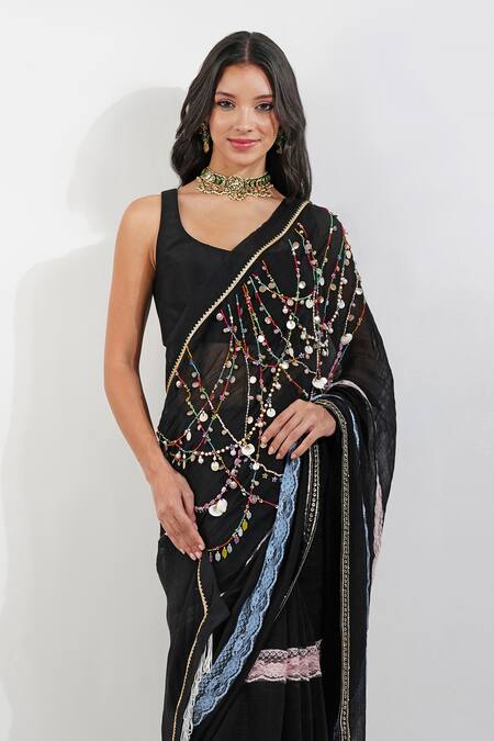 Devyani Mehrotra Black Chanderi Zari, Zardozi Embroidered Saree With Unstitched Blouse Piece Online at Aza Fashions Devyani Mehrotra_Black Chanderi Zari, Zardozi Embroidered Saree With Unstitched Blouse Piece_Online_at_Aza_Fashions