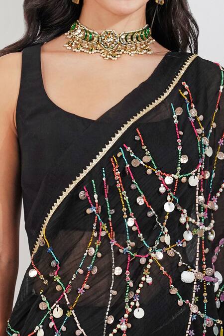 Buy Devyani Mehrotra Black Chanderi Zari, Zardozi Embroidered Saree With Unstitched Blouse Piece Online at Aza Fashions Buy_Devyani Mehrotra_Black Chanderi Zari, Zardozi Embroidered Saree With Unstitched Blouse Piece_Online_at_Aza_Fashions