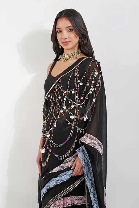 Shop Devyani Mehrotra Black Chanderi Zari, Zardozi Embroidered Saree With Unstitched Blouse Piece Online at Aza Fashions Shop_Devyani Mehrotra_Black Chanderi Zari, Zardozi Embroidered Saree With Unstitched Blouse Piece_Online_at_Aza_Fashions