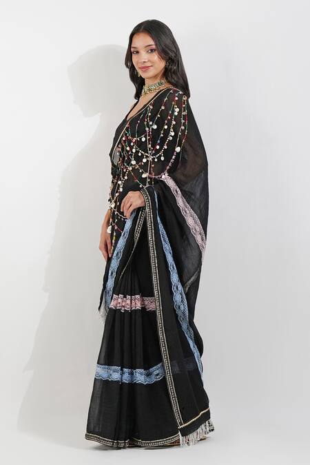 Devyani Mehrotra Black Chanderi Zari, Zardozi Embroidered Saree With Unstitched Blouse Piece at Aza Fashions Devyani Mehrotra_Black Chanderi Zari, Zardozi Embroidered Saree With Unstitched Blouse Piece_at_Aza_Fashions
