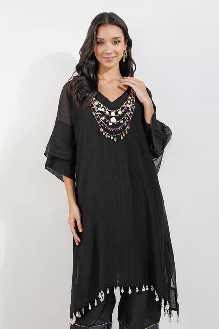 Buy Devyani Mehrotra Black Chanderi 40 Gms Embroidery Ecelectic V Neck Shabby Kaftan And Pant Set Online at Aza Fashions Buy_Devyani Mehrotra_Black Chanderi 40 Gms Embroidery Ecelectic V Neck Shabby Kaftan And Pant Set_Online_at_Aza_Fashions