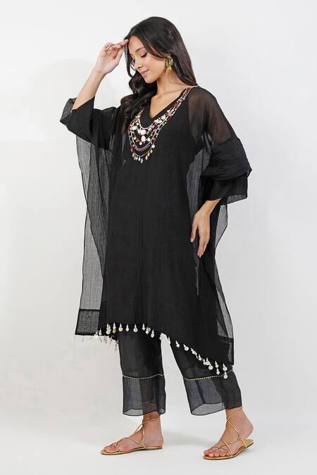 Shop Devyani Mehrotra Black Chanderi 40 Gms Embroidery Ecelectic V Neck Shabby Kaftan And Pant Set Online at Aza Fashions Shop_Devyani Mehrotra_Black Chanderi 40 Gms Embroidery Ecelectic V Neck Shabby Kaftan And Pant Set_Online_at_Aza_Fashions