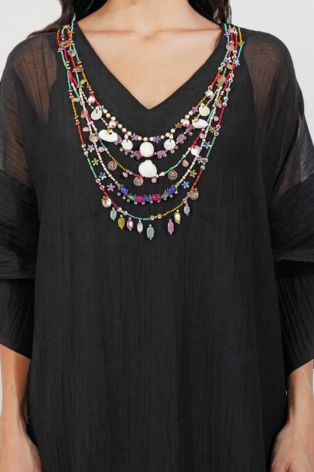 Devyani Mehrotra Black Chanderi 40 Gms Embroidery Ecelectic V Neck Shabby Kaftan And Pant Set at Aza Fashions Devyani Mehrotra_Black Chanderi 40 Gms Embroidery Ecelectic V Neck Shabby Kaftan And Pant Set_at_Aza_Fashions