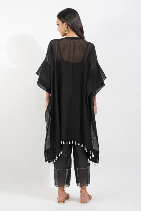 Shop Devyani Mehrotra Black Chanderi 40 Gms Embroidery Ecelectic V Neck Shabby Kaftan And Pant Set at Aza Fashions Shop_Devyani Mehrotra_Black Chanderi 40 Gms Embroidery Ecelectic V Neck Shabby Kaftan And Pant Set_at_Aza_Fashions