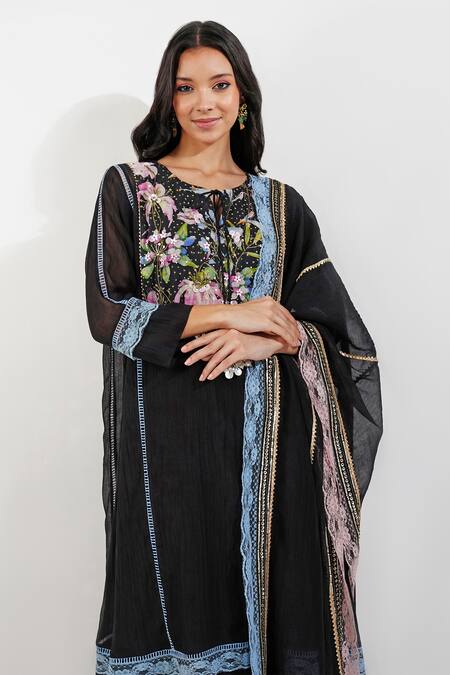 Devyani Mehrotra Black Chanderi Pearls, Sequins Round Neck Summer Floral Print Panelled Kurta Set Online at Aza Fashions Devyani Mehrotra_Black Chanderi Pearls, Sequins Round Neck Summer Floral Print Panelled Kurta Set_Online_at_Aza_Fashions