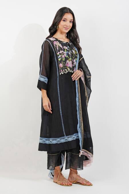 Buy Devyani Mehrotra Black Chanderi Pearls, Sequins Round Neck Summer Floral Print Panelled Kurta Set Online at Aza Fashions Buy_Devyani Mehrotra_Black Chanderi Pearls, Sequins Round Neck Summer Floral Print Panelled Kurta Set_Online_at_Aza_Fashions