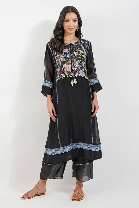 Devyani Mehrotra Black Chanderi Pearls, Sequins Round Neck Summer Floral Print Panelled Kurta Set at Aza Fashions Devyani Mehrotra_Black Chanderi Pearls, Sequins Round Neck Summer Floral Print Panelled Kurta Set_at_Aza_Fashions