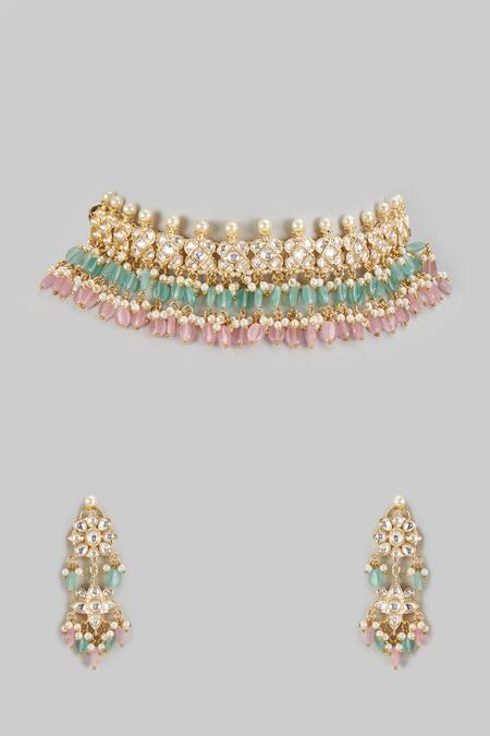 Shop Prihan Luxury Jewelry Pink Pearls, Stones, Gota Patti Layered Drop Choker Necklace Set at Aza Fashions Shop_Prihan Luxury Jewelry_Pink Pearls, Stones, Gota Patti Layered Drop Choker Necklace Set _at_Aza_Fashions
