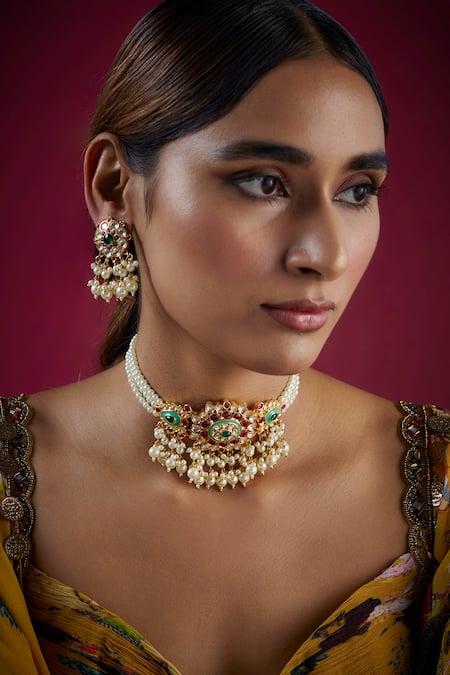 Prihan Luxury Jewelry Gold Plated Pearls, Stones, Gota Patti Embellished Choker Necklace Set 