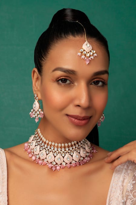 Prihan Luxury Jewelry Pink Pearls, Stones Meenakari Work Kundan Choker Necklace Set 