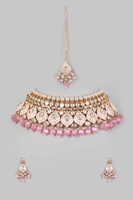Shop Prihan Luxury Jewelry Pink Pearls, Stones Meenakari Work Kundan Choker Necklace Set at Aza Fashions Shop_Prihan Luxury Jewelry_Pink Pearls, Stones Meenakari Work Kundan Choker Necklace Set _at_Aza_Fashions