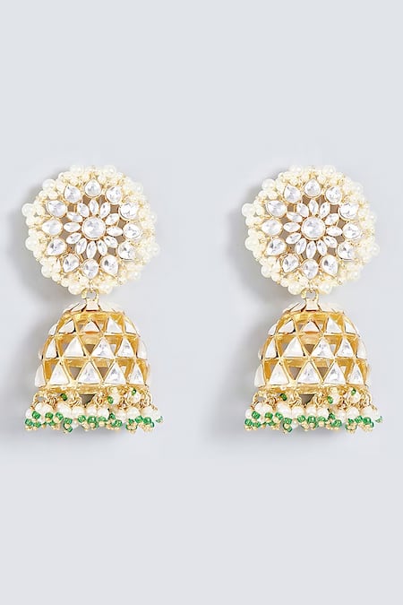 Shop_Prihan Luxury Jewelry_Gold Plated Pearl Embellished Jhumkas _at_Aza_Fashions