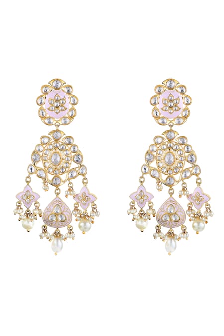 Prihan Luxury Jewelry Pink Pearls, Diamonds Meena Work Kundan Earrings 