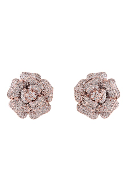 Shop_Prihan Luxury Jewelry_Rose Gold Crystals Embellished Stud Earrings _at_Aza_Fashions