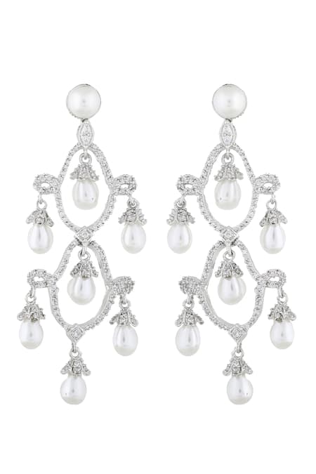 Prihan Luxury Jewelry Silver Plated Pearls, Crystals Drop Dangler Earrings 