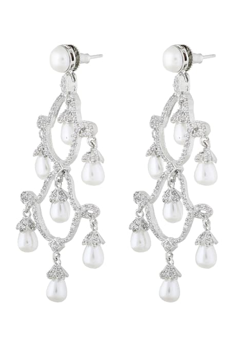Shop_Prihan Luxury Jewelry_Silver Plated Pearls, Crystals Drop Dangler Earrings _at_Aza_Fashions