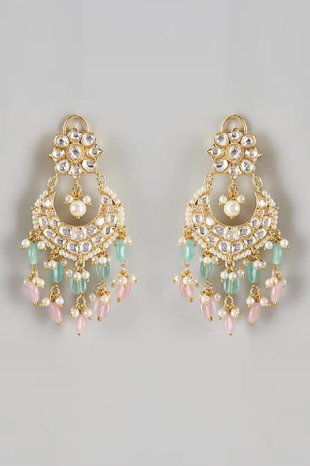 Shop_Prihan Luxury Jewelry_Pink Stones Drop Chandbali Earrings _at_Aza_Fashions