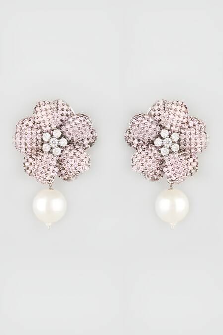 Prihan Luxury Jewelry Pink Pearls, Stones Flower Embellished Earrings 