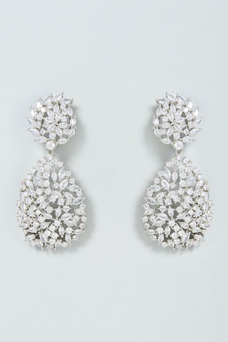 Shop Prihan Luxury Jewelry Silver Plated Crystals Cubic Zircon Diamond Embellished Danglers at Aza Fashions Shop_Prihan Luxury Jewelry_Silver Plated Crystals Cubic Zircon Diamond Embellished Danglers _at_Aza_Fashions
