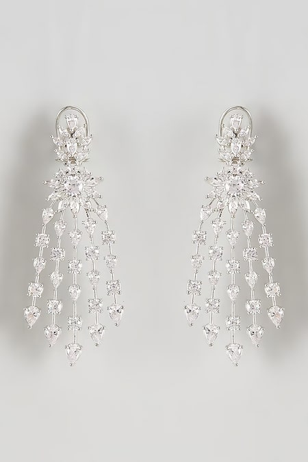Shop_Prihan Luxury Jewelry_Silver Plated Crystals, Diamonds Cubic Zircon Tasseled Dangler Earrings _at_Aza_Fashions