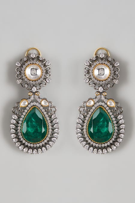 Shop_Prihan Luxury Jewelry_Green Crystals, Stones Embellished Dangler Earrings _at_Aza_Fashions