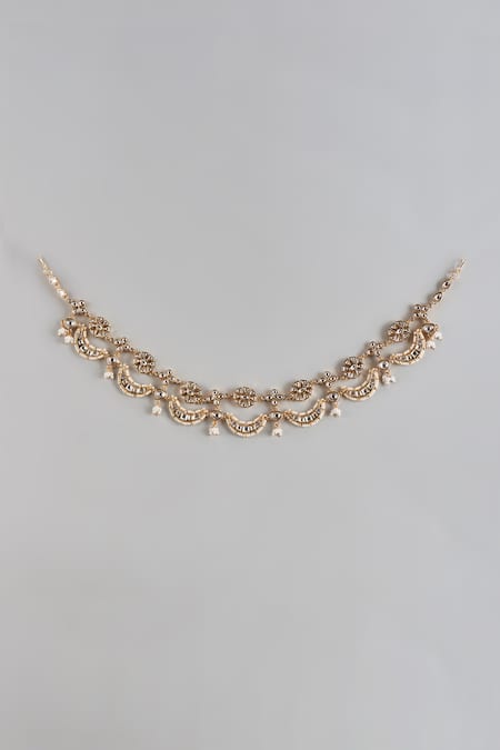 Shop Prihan Luxury Jewelry Gold Plated Crescent And Floral Embellished Mathapatti at Aza Fashions Shop_Prihan Luxury Jewelry_Gold Plated Crescent And Floral Embellished Mathapatti _at_Aza_Fashions