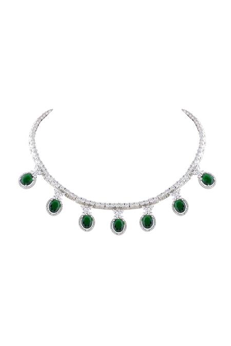Prihan Luxury Jewelry_Green Crystals, Stones Cubic Zircon Floral Embellished Necklace Set _Online_at_Aza_Fashions