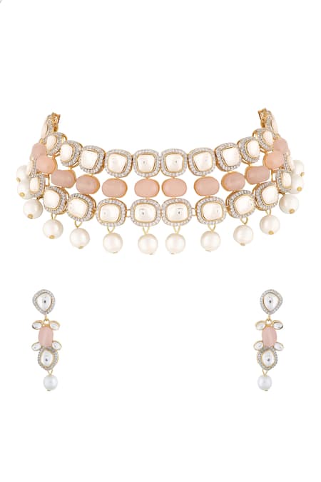 Prihan Luxury Jewelry Pink Rose Quartz Stone Choker Set 