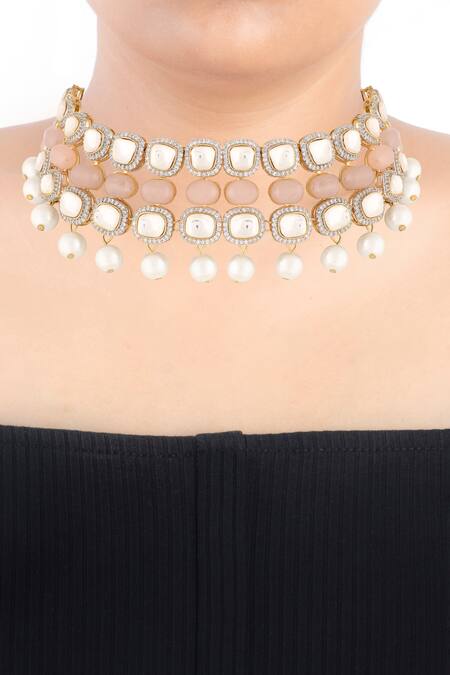 Prihan Luxury Jewelry_Pink Pearls, Stones Rose Quartz Choker Set _Online_at_Aza_Fashions
