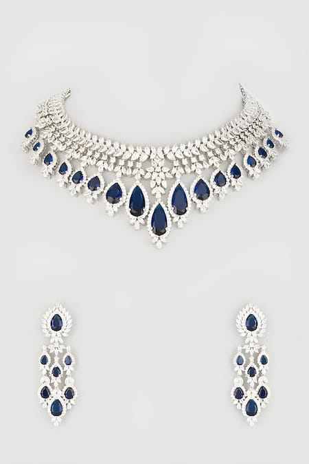 Prihan Luxury Jewelry Blue Stone Cubic Zircon Embellished Necklace Set 