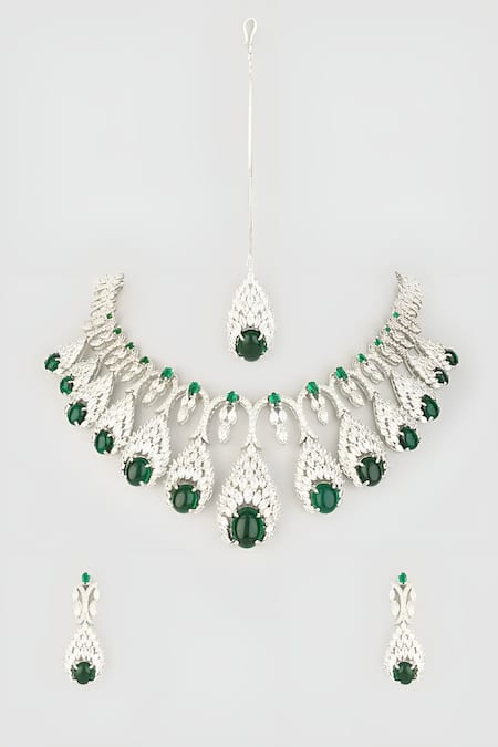 Prihan Luxury Jewelry Green Stone Cubic Zircon Crescent Embellished Necklace Set 