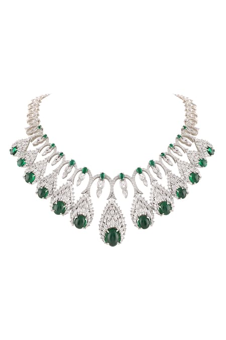 Shop Prihan Luxury Jewelry Green Crystals, Stones Cubic Zircon Crescent Embellished Necklace Set at Aza Fashions Shop_Prihan Luxury Jewelry_Green Crystals, Stones Cubic Zircon Crescent Embellished Necklace Set _at_Aza_Fashions