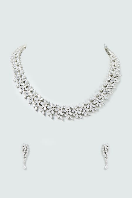 Shop Prihan Luxury Jewelry Green Crystals, Stones Single Lined Cubic Zircon Necklace Set at Aza Fashions Shop_Prihan Luxury Jewelry_Green Crystals, Stones Single Lined Cubic Zircon Necklace Set _at_Aza_Fashions